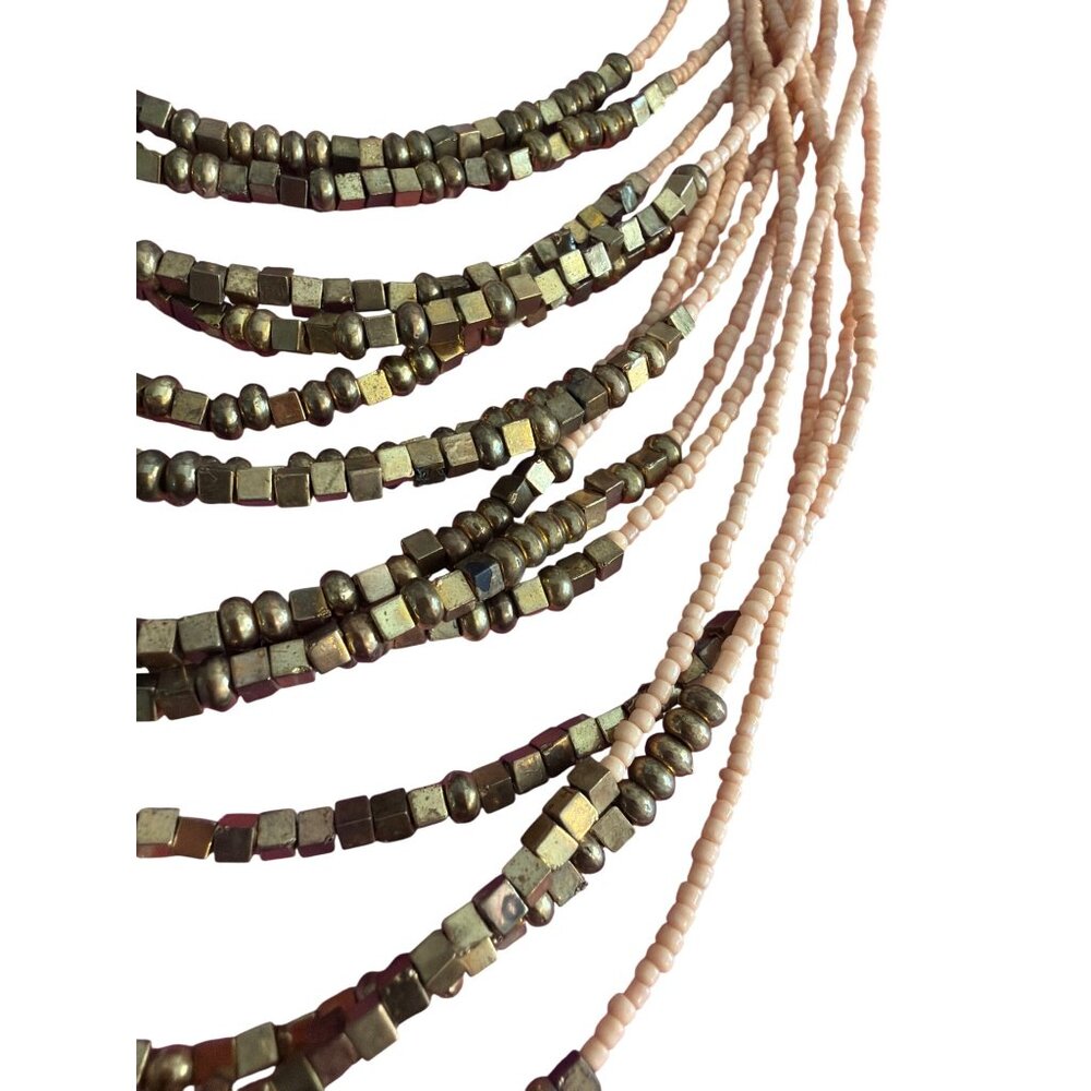 Vintage Multi Strand Beaded Necklace Peach Antique Gold Tone Beads Adj 16" + 3" - Picture 2 of 4